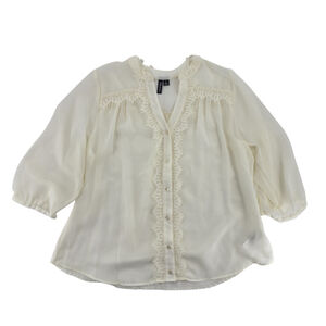 Vintage Y2K Relativity Blouse Sheer Cream Lace Trim Eyelash Fringe 3/4 Sleeve 1X